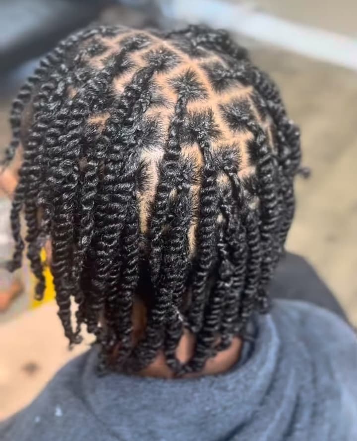 Two-strand twists with clean parts, shown from the back