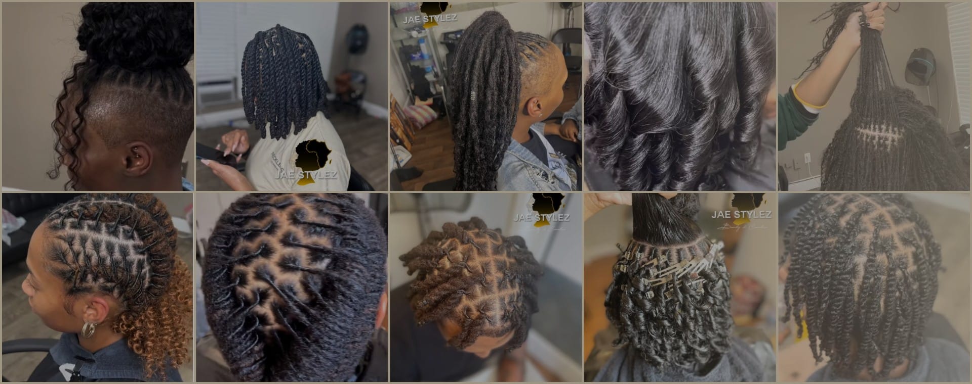 Collage of locs, twists and curls by Jae Stylez